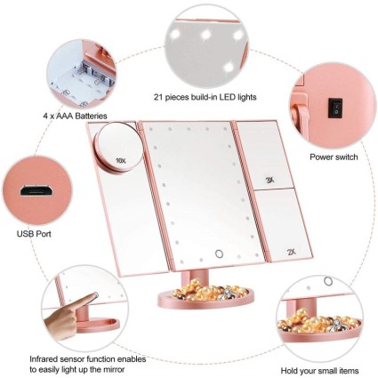 Uniq Hollywood Trifold Makeup Mirror with LED Light - Rose Gold