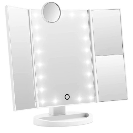 Uniq Hollywood Trifold Makeup Mirror with LED Light - White