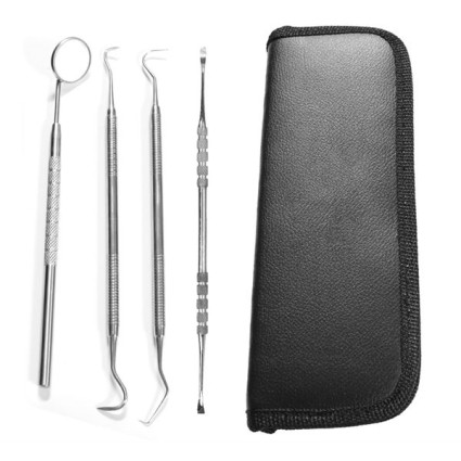 Tooth cleaning set 4 parts for Dental Hygiene - 1 Mouth mirror, 2x Curette tooth cleaner, 1 scraper