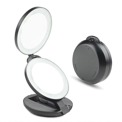 Compact Double-Sided Travel Mirror with LED and 10x Magnification - Black