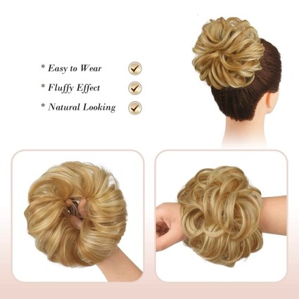 Messy Bun hair elastics with curly artificial hair - 27H613 Strawberry Blonde & Bleach Blonde